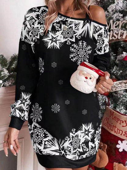 Bodycon Long Sleeves Contrast Color Printed Split-Joint One-Shoulder Midi Dresses