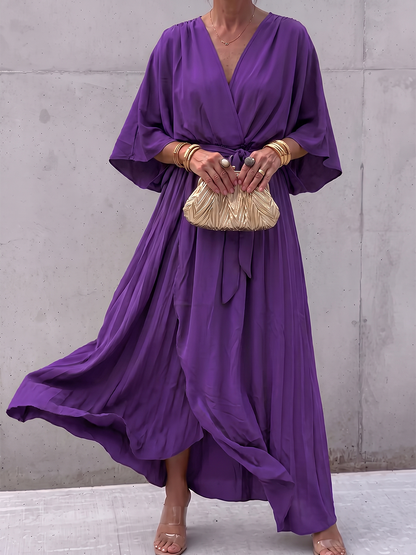 Tied Solid Color See-Through Pleated Asymmetric Plus Size Long Sleeves V-neck Maxi Dresses