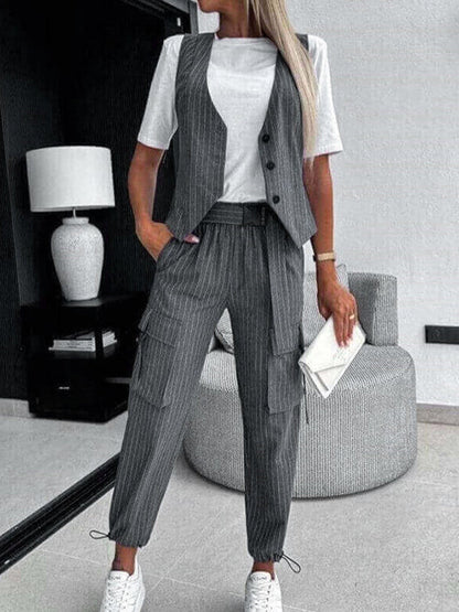 Loose Buttoned Striped V-Neck Vest Top + Drawstring Pockets Ninth Pants Pleated Pants Bottom Two Pieces Set