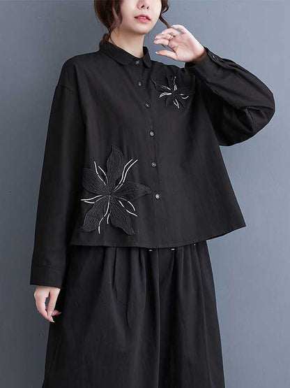 Long Sleeves Loose Applique Buttoned Embroidered Lapel Blouses&Shirts Tops