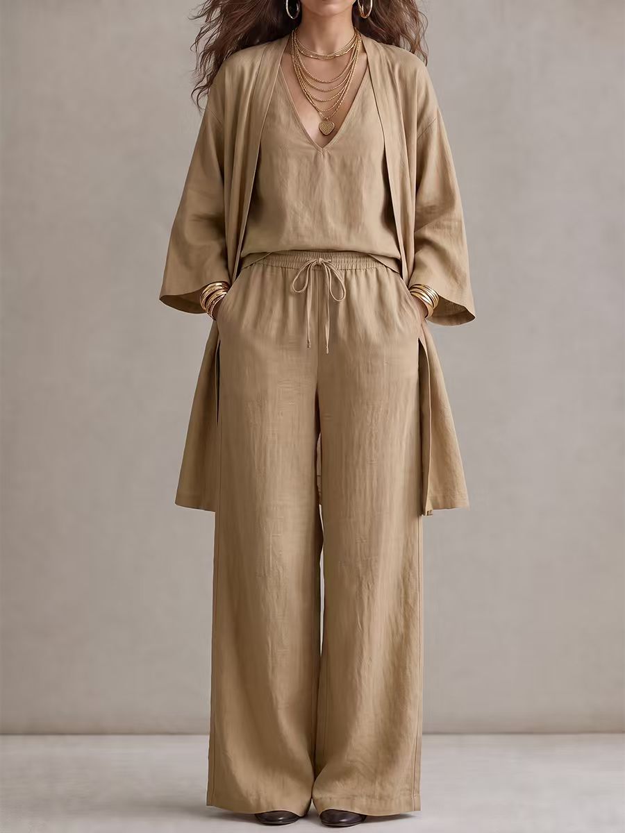Solid Color V-neck Tank Top + Long Sleeves Outerwear + High Waisted Drawstring Elasticity Pockets Pants Trousers Three Pieces Set