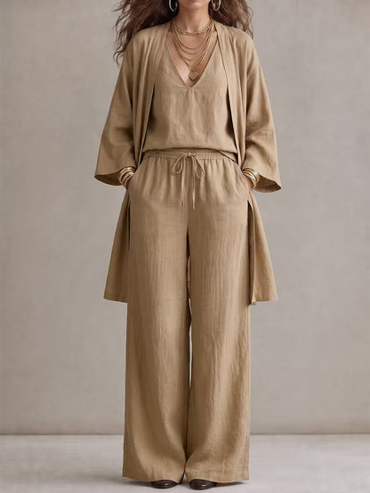 Solid Color V-neck Tank Top + Long Sleeves Outerwear + High Waisted Drawstring Elasticity Pockets Pants Trousers Three Pieces Set