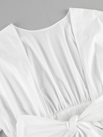 Elasticated Waist High Waisted Pleated Solid Color Split-Joint Tied Waist Round-Neck Blouses&Shirts Tops