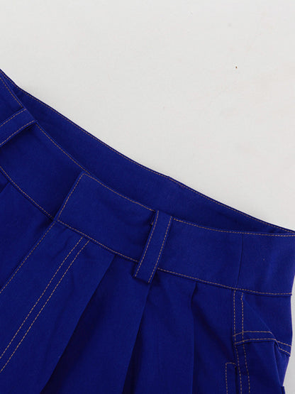 Loose Wide Leg Pleated Pockets Solid Color Pants Trousers