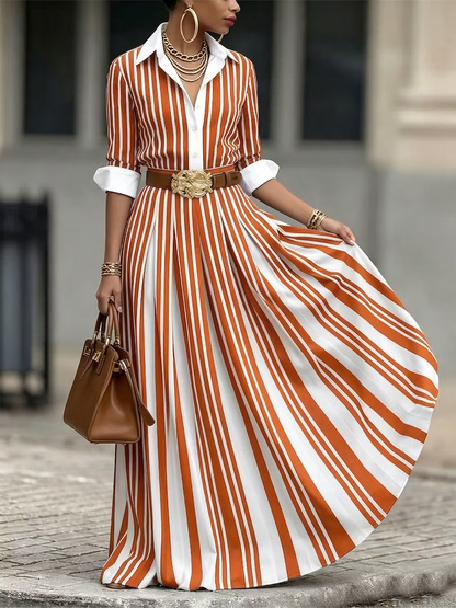 A-Line Loose Buttoned Contrast Color No Belt Striped Lapel Maxi Dresses