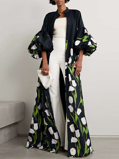 Loose Plus Size Flower Print Pleated Split-Joint Stand Collar Maxi Dresses Trench Coats