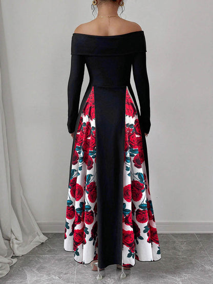 High Waisted Long Sleeves Contrast Color Flower Print Split-Joint Off-the-shoulder Maxi Dresses