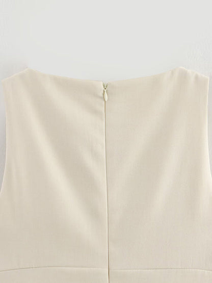 A-Line Loose Pleated Solid Color Split-Joint Zipper Round-Neck Mini Dresses