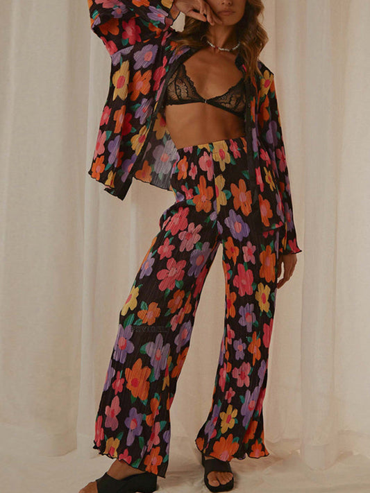 Long Sleeves Loose Buttoned Flower Print Pleated Lapel Shirts Top + Elasticity Pants Bottom Two Pieces Set