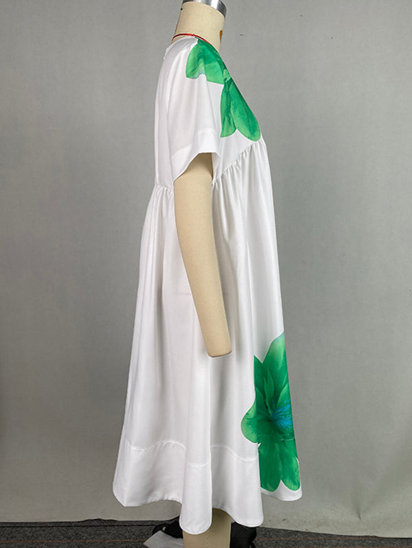 A-Line Loose Flower Print Pleated V-Neck Midi Dresses