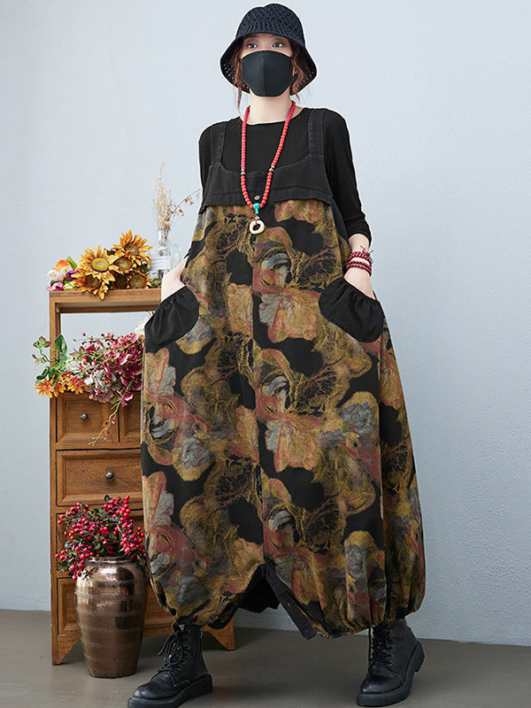 Artistic Retro Vintage Loose Floral Printed Square-Neck Sleeveless Overalls