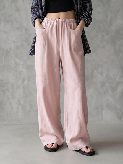 Loose Wide Leg Drawstring Pockets Solid Color Pants