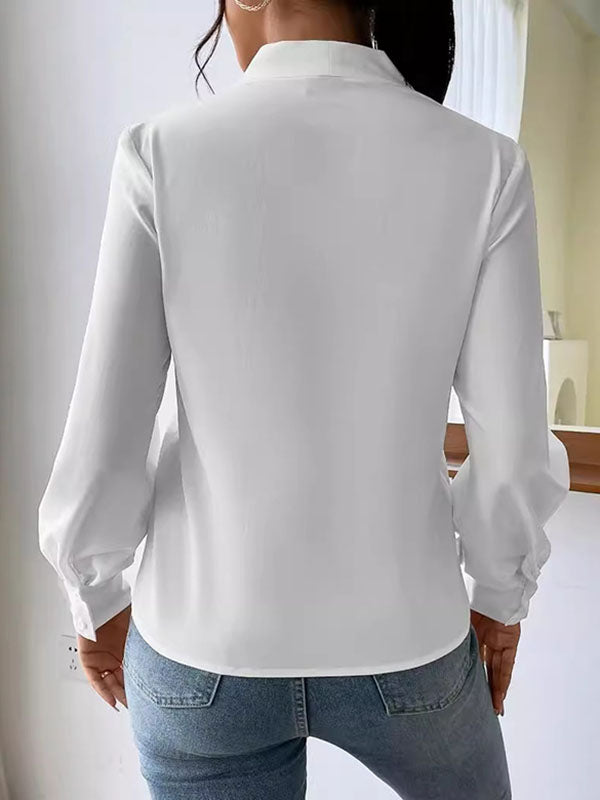 Long Sleeves Loose Pleated Solid Color Split-Joint V-Neck Blouses&Shirts Tops