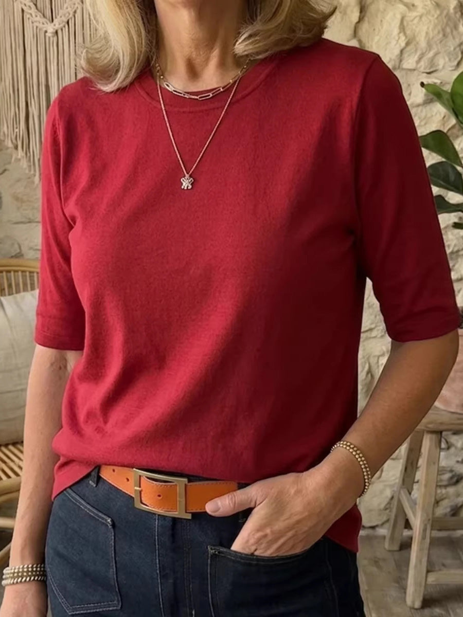 Half Sleeves Loose Solid Color Round-Neck T-Shirts Tops