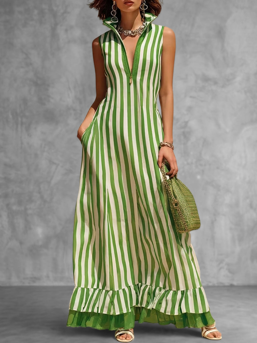 Zipper Striped Split-Joint Ruffled Pockets Contrast Color Sleeveless Loose Stand Collar Maxi Dresses