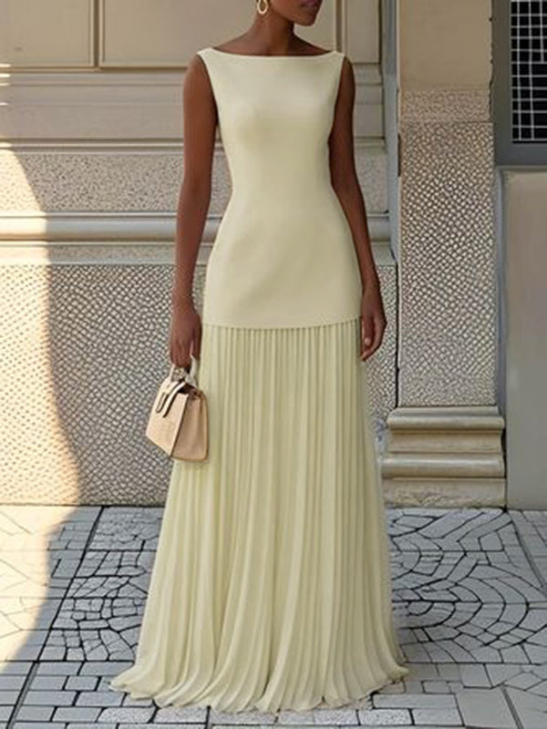 Sleeveless Gauze Pleated Solid Color Split-Joint Boat Neck Evening Dresses Maxi Dresses