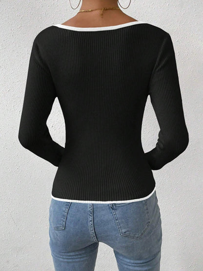 Long Sleeves Skinny Contrast Color Pleated Split-Joint V-Neck T-Shirts