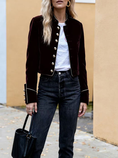 Long Sleeves Buttoned Contrast Color Stand Collar Jackets Outerwear