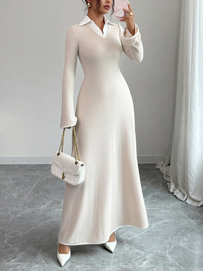 Bodycon False Two Ribbed Knit Split-Joint Lapel Maxi Dresses Sweater Dresses