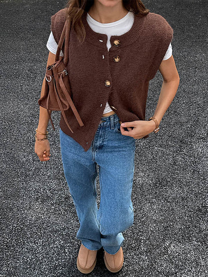 Loose Sleeveless Buttoned Contrast Color Split-Joint Round-Neck Outerwear Vest Top