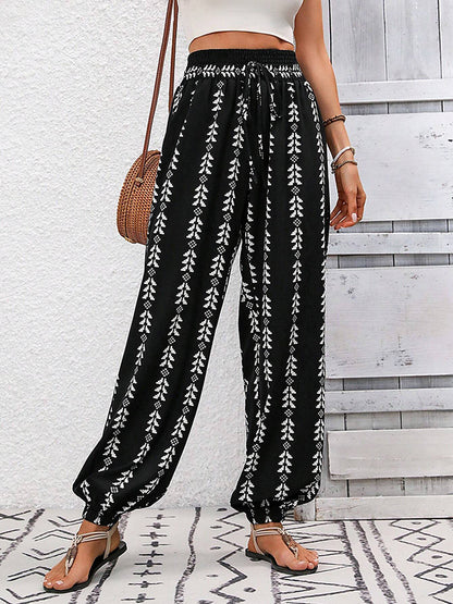 High Waisted Loose Drawstring Elasticity Pleated Printed Knickerbockers Pants Trousers