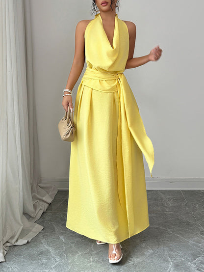 High Waisted Sleeveless Pleated Solid Color Tied Waist Halter-Neck Midi Dresses
