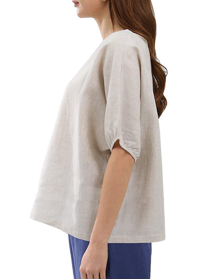 Loose Puff Sleeves Hollow Solid Color Split-Joint Round-Neck T-Shirts