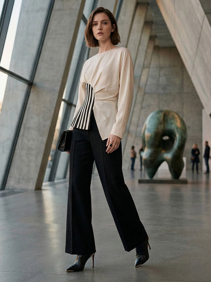 Irregularity Long Sleeves Asymmetric Pleated Split-Joint Striped Zipper Round-Neck Blouses&Shirts Tops