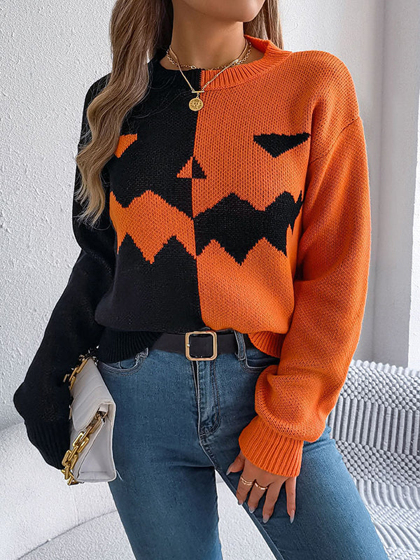 Long Sleeves Loose Contrast Color Split-Joint Round-Neck Pullovers Sweater Tops