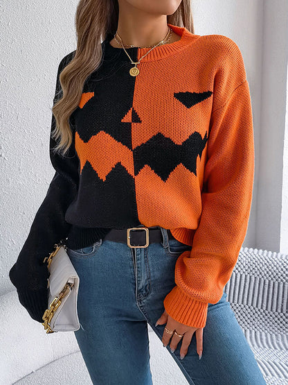Long Sleeves Loose Contrast Color Split-Joint Round-Neck Pullovers Sweater Tops