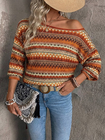 Striped Contrast Color Long Sleeves Bloomers One-shoulder T-Shirts Tops