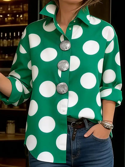 Long Sleeves Loose Buttoned Contrast Color Polka-Dot Lapel Blouses&Shirts Tops