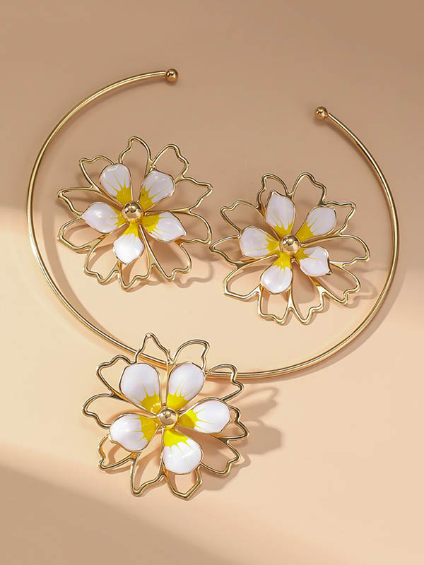 Flower Shape Hollow Leopard Earrings Accessories + Necklaces Accessories Three Pieces