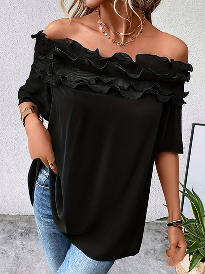Loose Short Sleeves Pleated Solid Color Split-Joint Tiered Off-The-Shoulder T-Shirts Tops