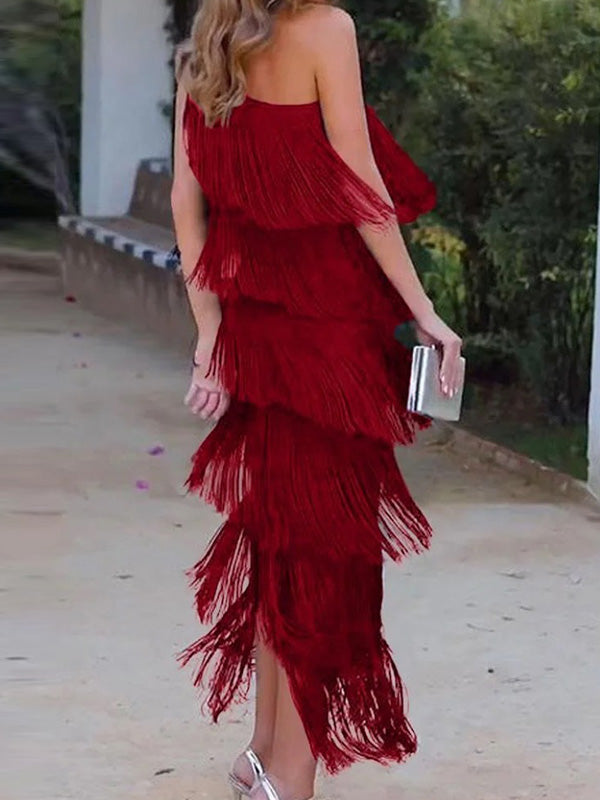 Loose Sleeveless Asymmetric Solid Color Split-Joint Tasseled One-Shoulder Maxi Dresses