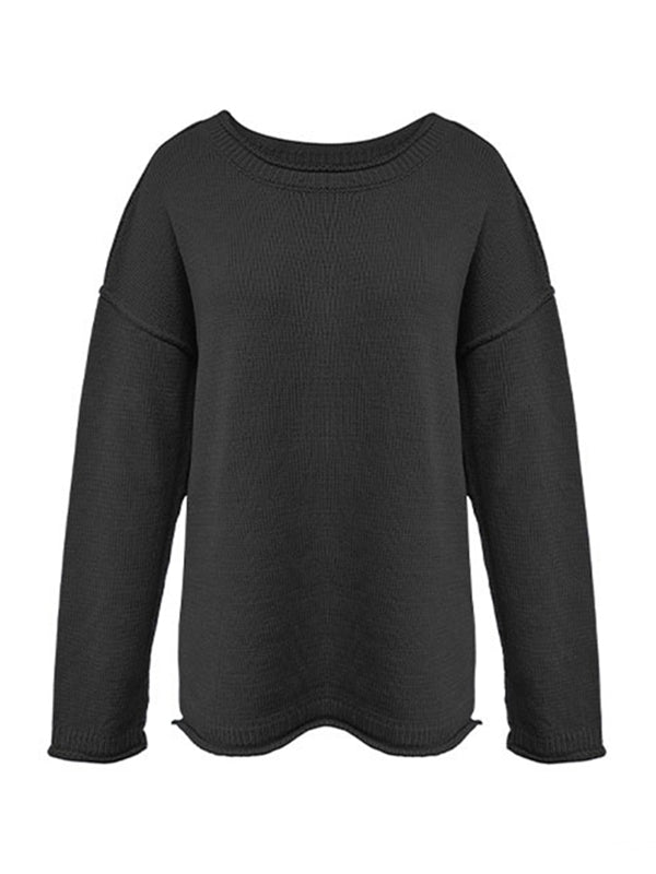 Long Sleeves Loose Solid Color Split-Joint Round-Neck Sweater Tops