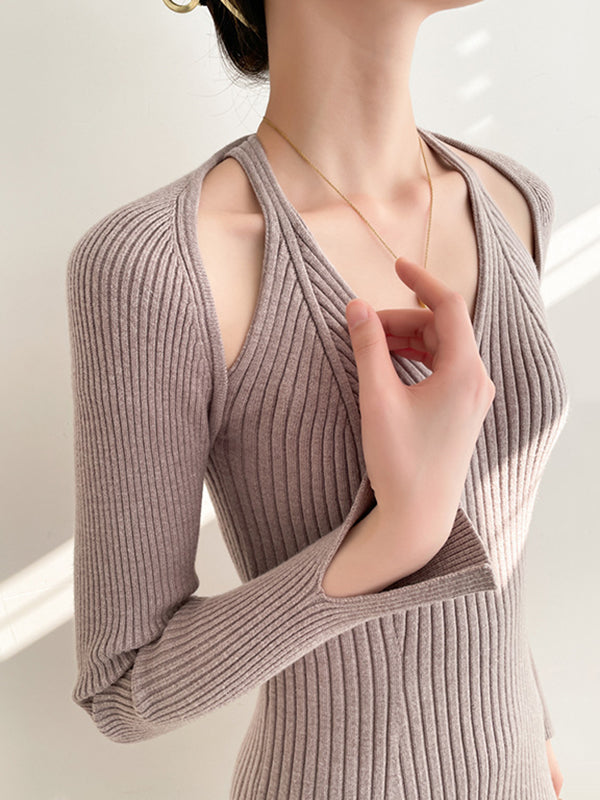 High Waisted Long Sleeves Hollow Solid Color Split-Side V-Neck Midi Dresses Sweater Dresses