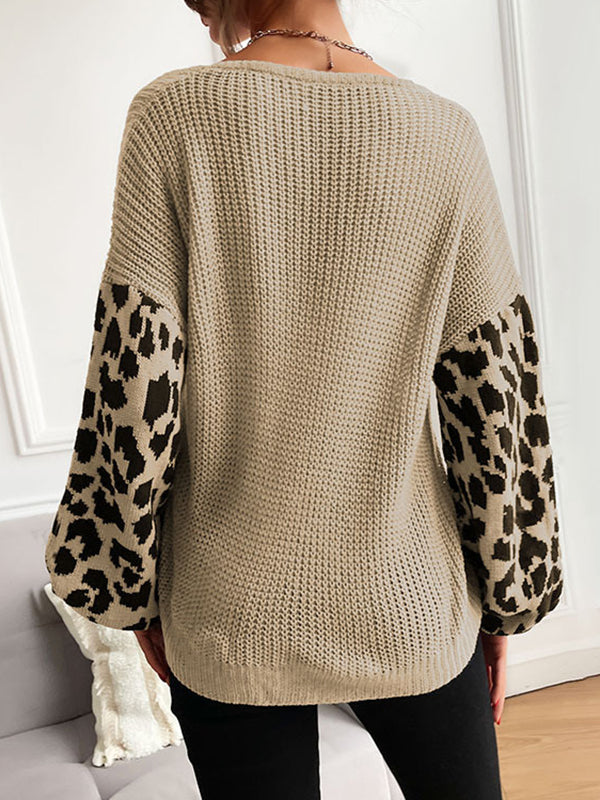 Loose Puff Sleeves Leopard Split-Joint V-Neck Sweater Tops