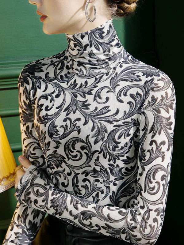 Long Sleeves Skinny Contrast Color Split-Joint High Neck T-Shirts Tops