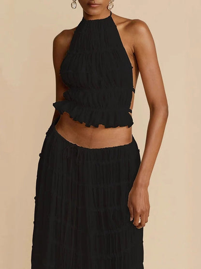 Pleated Solid Color Textured Halter-Neck Cropped Backless Ruffled Tank Top + Tied Waist High Waisted Skirts Bottoms Two Pieces Set