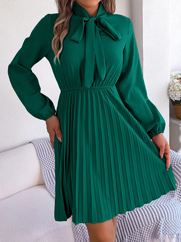 Long Sleeves Loose Pleated Solid Color Tied Mock Neck Mini Dresses