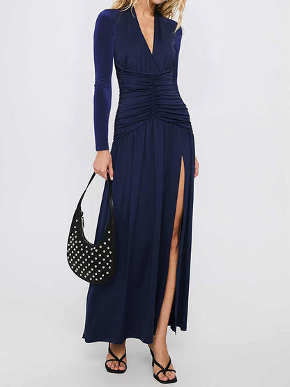 A-Line Bodycon Pleated Solid Color Split-Joint Split-Side Deep V-Neck Maxi Dresses