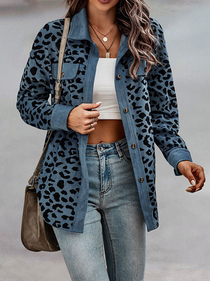 Long Sleeves Loose Buttoned Leopard Pockets Split-Joint Lapel Jackets Outerwear