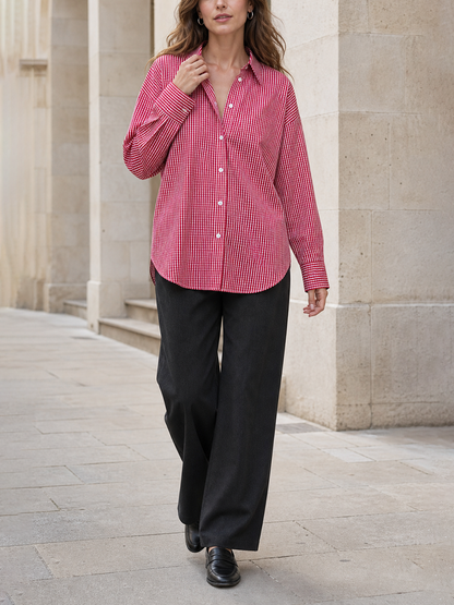 Contrast Color Buttoned Loose Long Sleeves Lapel Blouses&shirts Tops