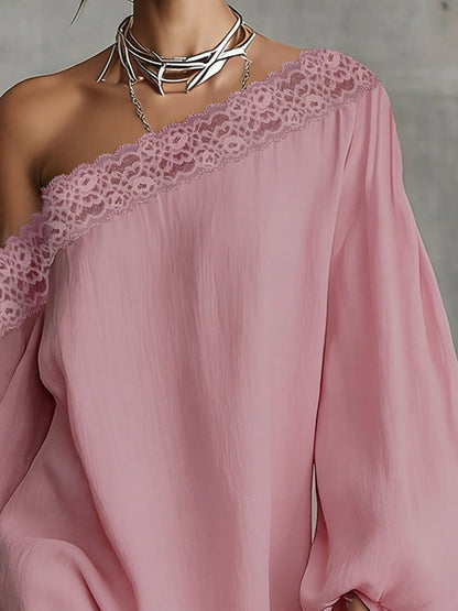 Long Sleeves Loose Solid Color Split-Joint One-shoulder Mini Dresses