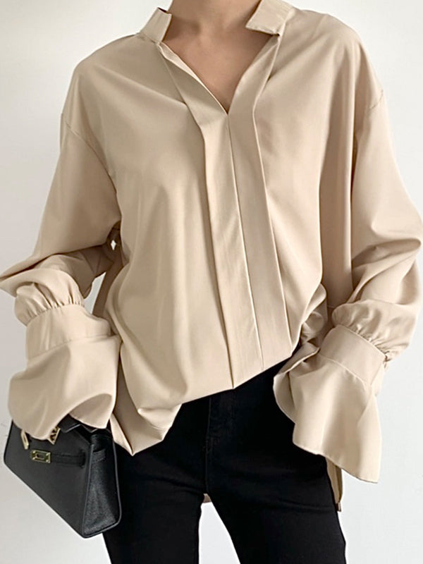Flared Sleeves High-Low Buttoned Solid Color Split-Side V-Neck Blouses&Shirts Tops