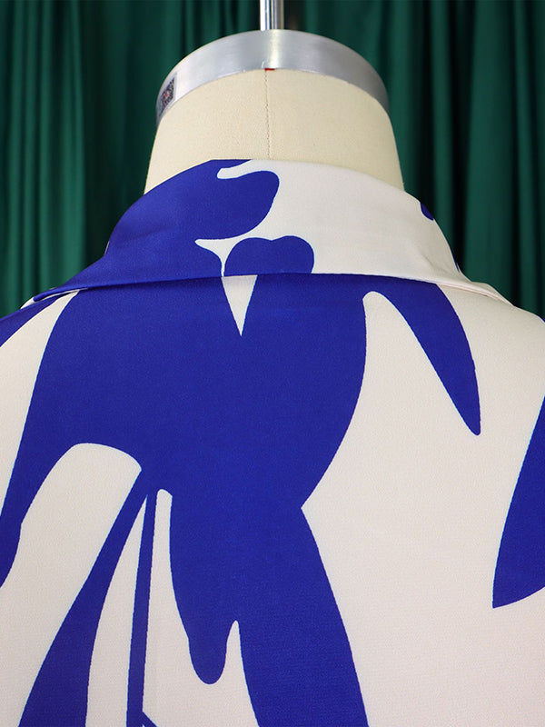 Irregular clipping Long Sleeves Lace-Up Pleated Printed Split-Joint Tied Waist Lapel Maxi Dresses Shirt Dress