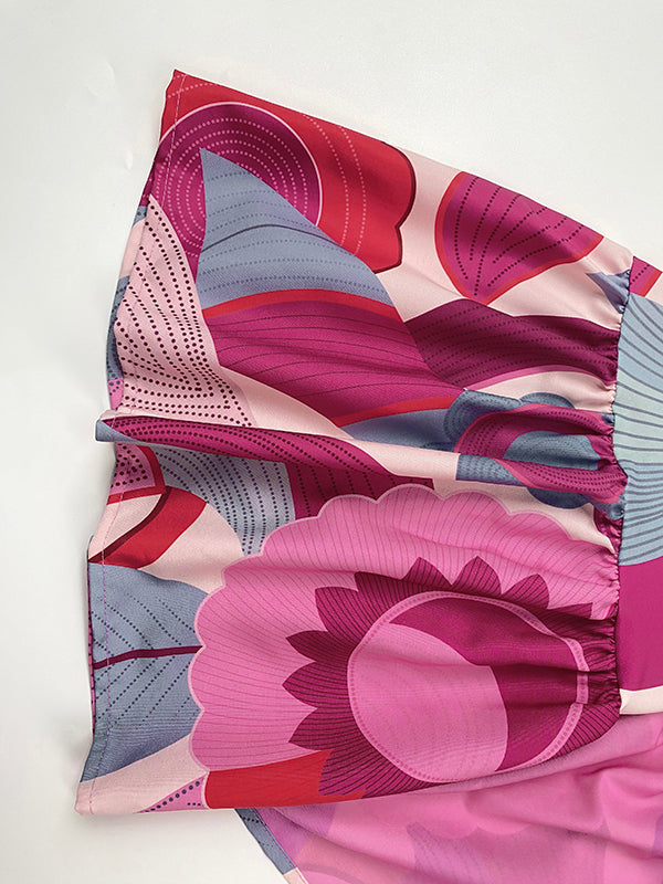 Batwing Sleeves Loose Flower Print Pleated Split-Joint Round-Neck Maxi Dresses