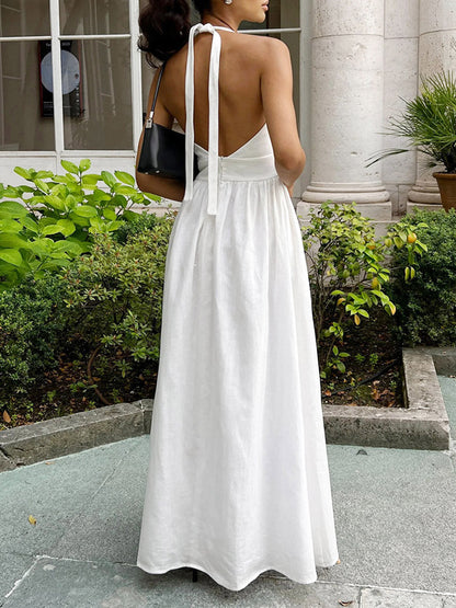 A-Line High Waisted Backless Pleated Solid Color Split-Joint Halter-Neck Midi Dresses