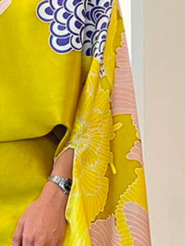 Batwing Sleeves Half Sleeves Flower Print Mock Neck Blouses&Shirts Tops